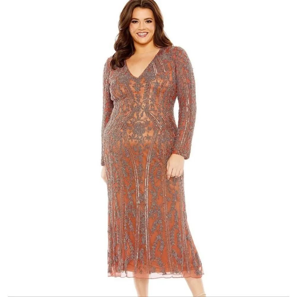 Mac Duggal 5938 Beaded Long Sleeve Evening Cocktail Dress in rosewood Sz 18W NEW